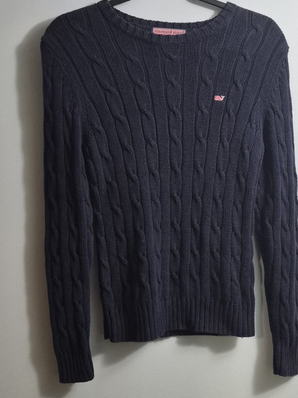 Vineyard Vines Women’s Navy Crewneck Cable Knit Sweater with Pink Whale